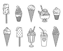 Set of black and white ice cream outlines on an isolated background. Icon, coloring book. vector