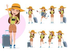 Female tourist vector characters set. Woman character in summer travel outfit in different standing poses like happy waving, walking, running, taking camera pictures and holding luggage.