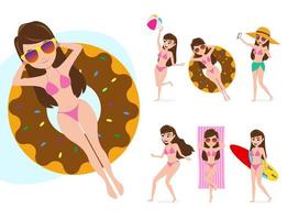 Female summer character vector set.  Woman characters in different summer activities like floating using floater donuts, playing beach ball, sun bathing and surfing isolated in white background.