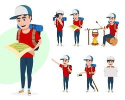 Tourist man vector character set. Male hiker characters in different activity poses summer adventure while standing and holding map, taking pictures and walking isolated in white background.