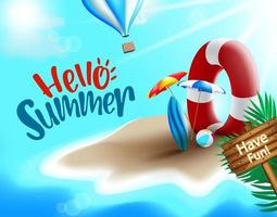 Hello summer vector banner design. Hello summer text in island beach background with lifebuoy, umbrella, surfboard and beach ball elements for tropical season vacation. Vector illustration