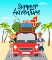 Summer adventure vector concept design. Summer adventure text with travel characters standing in car with beach element like surf board, fishing rod and luggage for vacation season.