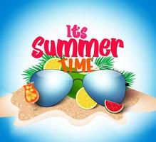 Summer time vector banner background. It's summer time text in island with elements like sunglasses, palm leaves and tropical fruits and juice for vacation season design. Vector illustration