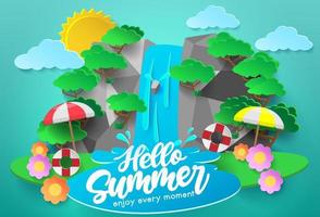 Hello summer vector concept design. Hello summer enjoy every moment text for outdoor tropical season vacation with waterfall background and forest trees nature elements. Vector illustration