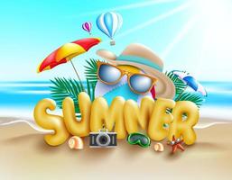 Summer vector concept design. Summer 3d text with fun and enjoy travel vacation elements like beachball, sunglasses, hat and camera in beach background. Vector illustration