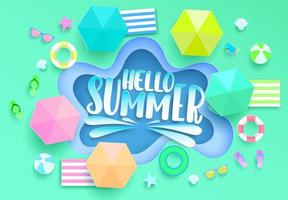 Hello summer vector concept design. Hello summer text with colorful swimming pool paper cut and elements like umbrella and floater for tropical holiday season background. Vector illustration