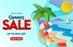 plantilla de banner de vector de venta de verano. texto de venta de verano con fondo de playa cortado en papel y elementos de temporada tropical para publicidad de descuento de compras de temporada. ilustración vectorial