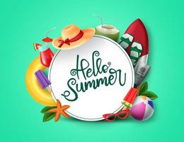 Summer beach vector banner design. Summer text in beach sand island typography with summer elements like umbrella, beach ball, hat, juice, coconut, ice cream and starfish in blue sky background.