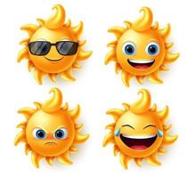 Sun character vector set. Sun cute summer characters in different expressions like angry, laughing and smiling in 3d realistic design isolated in white background. Vector illustrator.