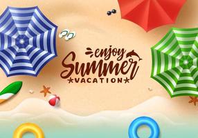 Summer greeting vector banner design. Summer welcome text with tropical fruits like watermelon, coconut juice and beach elements in white background. Vector illustration.