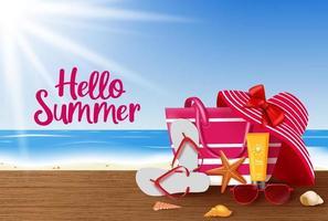 Summer vector background design. Hello summer greeting text with summer vacation travel elements like beach bag, hat, sunglasses, flip flop and sunscreen in beach background. Vector illustration.