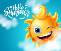 Summer vector banner design. Hello summer enjoy every moment text with sun character in cute winking facial expression with clouds element in sky background. Vector illustration.