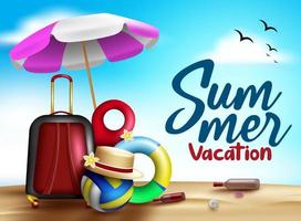 Summer vacation vector banner design. Summer vacation text in blue sky background with luggage travel bag and volleyball elements for fun outdoor tropical holiday season. Vector illustration