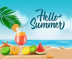 Hello summer beach vector design. Hello summer text with foods, drinks and tropical fruit elements of orange, water melon, lemon, kiwi and fresh juice in glass with sea shell in beach background.