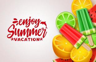 Summer vector banner design. Summer vacation text with tropical fruits like watermelon, lemon and popsicles stick for refreshing summer season in white background. Vector illustration.