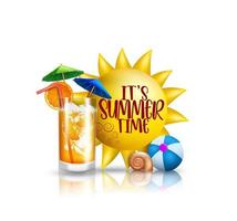 Summer time vector concept design. It's summer time text with 3d tropical season elements like sun, orange juice and beachball for relax and enjoy holiday season vacation. Vector illustration