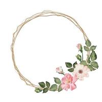 rama de rosa floreciente de acuarela con marco redondo de corona de ramo de flores de ramita seca vector