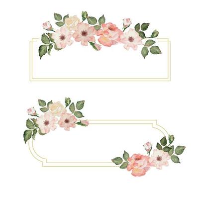 watercolor blooming rose branch flower bouquet wreath badge gold frame collection