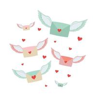 Cute romantic love letters with wings and hearts isolated on white background. Decoration, design element, clipart for Valentine day celebration, romantic holiday. Vector illustration