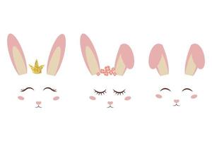 Set of cute pink bunny ears and faces, sleeping, smiling with decorations isolated on white background. Poster, print, fashion design element. Spring girlie design. Vector illustration