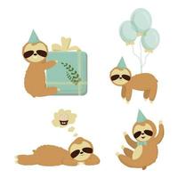 Set cute sloth characters, birthday, greeting concept. Bright and colorful bear isolated on white background with funny hat, bow, present and balloons. Clipart in cartoon style. Vector illustration