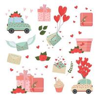 Valentine Day, romantic date or love set in flat style. Letters with hearts, roses, cute gifts, car, cupcake isolated on white background. Design element collection for greeting cards vector