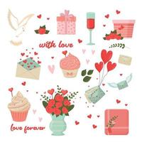 Valentine Day, romantic date or love set in flat style. Letters with hearts, cute gifts, dove, sweet cupcake isolated on white background. Design element collection for greeting cards, decorations vector