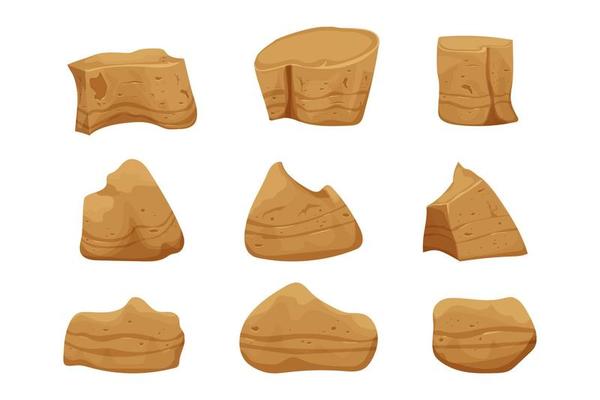 Stone boulders set isolated on white background, detailed drawing in cartoon style with cracked elements for design and ui games. Collection massive constructions. . Vector illustration