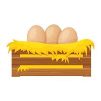 Wooden box, bale of hay, haystack with eggs in cartoon style isolated on white background. Han nest, farming clipart. Rural, textured and detailed breeding object. . Vector illustration