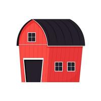 Red barn in cartoon style with door, windows isolated on white background. Farmyard building, outdoor exterior. Traditional rural warehouse. . Vector illustration
