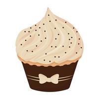 Cupcake with cream and cute bow, tasty delicious dessert isolated on white background. Sweet food, celebration. Clipart, design element. Vector illustration