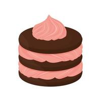 Dessert with chocolate biscuit and pink cream, sandwich isolated on white background. Detailed drawing clipart, gourmet design element. Vector illustration