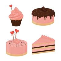 conjunto de postres coloridos detallados para ocasiones románticas día de san valentín, citas, bodas en colores rosas aislados en fondo blanco. alimentos, elementos de pastelería, colección. ilustración vectorial vector