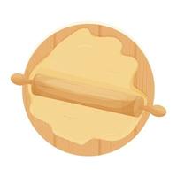 Wooden Rolling pin and dough isolated on white background in cartoon style stock vector illustration. Detailed and textured object. Vector illustration