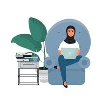 musulmana, mujer árabe sentada y trabajando con una laptop en hiyab, ropa tradicional. educación en línea, concepto independiente, lugar de trabajo cómodo aislado sobre fondo blanco. . ilustración vectorial vector