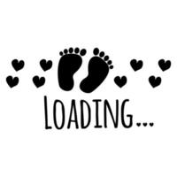 Loading with baby footprint and hearts, cute greeting with coming soon newborn for pregnant mother. Monochrome print, poster isolated on white background. Vector illustration