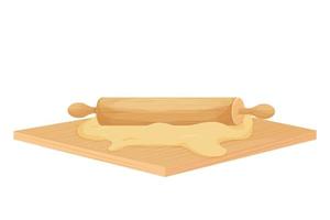 Wooden Rolling pin and dough isolated on white background in cartoon style stock vector illustration. Detailed and textured object. Vector illustration