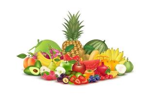 conjunto orgánico fresco de diferentes verduras y frutas jugosas alimentos saludables. complementos naturales vitaminas y minerales. concepto de salud médica. sobre fondo blanco Ilustración vectorial realista en 3D. vector