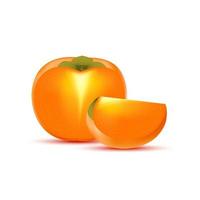 Persimmon with persimmon slices. Vitamins, Healthy food fruit. On a white background. Realistic 3D Vector illustration.
