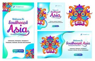 Set of world travel banner template visit asia with traditional culture mask and puppet illustration vector