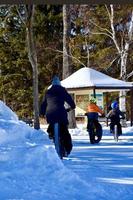winter in Manitoba - three people are seen from behind as they ride bicycles on a snow covered pathway photo