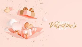 Feliz día de San Valentín. caja de regalo abierta llena de regalos y corazones. diseño realista con objetos decorativos románticos. banner web festivo, postal navideña y tarjeta de felicitación. representación 3d foto