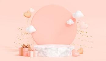 Realistic background mockup with podium for product display. Gift boxes with hearts, clouds and confetti. Festive decorative objects for Valentine's, Mothers and Women's day. 3D Rendering photo