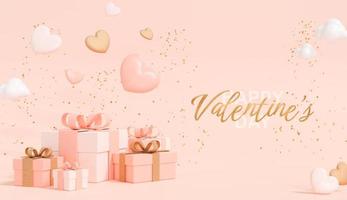 Happy Valentine's Day design. Realistic gift boxes and falling hearts. Holiday card with text for web banner. Romantic and festive background with confetti. Postcard for invitation. 3D Rendering photo