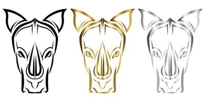 Three color black gold and silver Line Vector Illustration front view of rhino