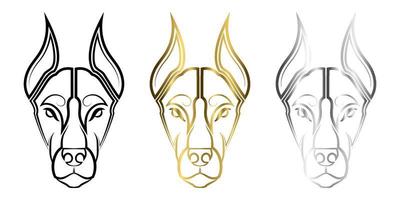 Three color black gold and silver line art of Doberman Pinscher dog head Good use for symbol, mascot icon avatar tattoo T Shirt design logo or any design you want vector