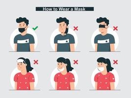ilustración de personas que usan máscaras de manera adecuada y correcta para la salud vector