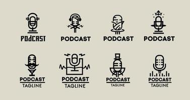 a collection of monoline podcast logo sets with a vintage and minimalist concept vector