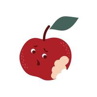 Red apple character with green leaf and bite, isolated element. Hand drawn vector. vector