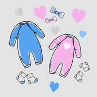 Set of hand drawn baby girl. Cartoon sketch style doodle for icon, banner. Elements little girls clothes. vector